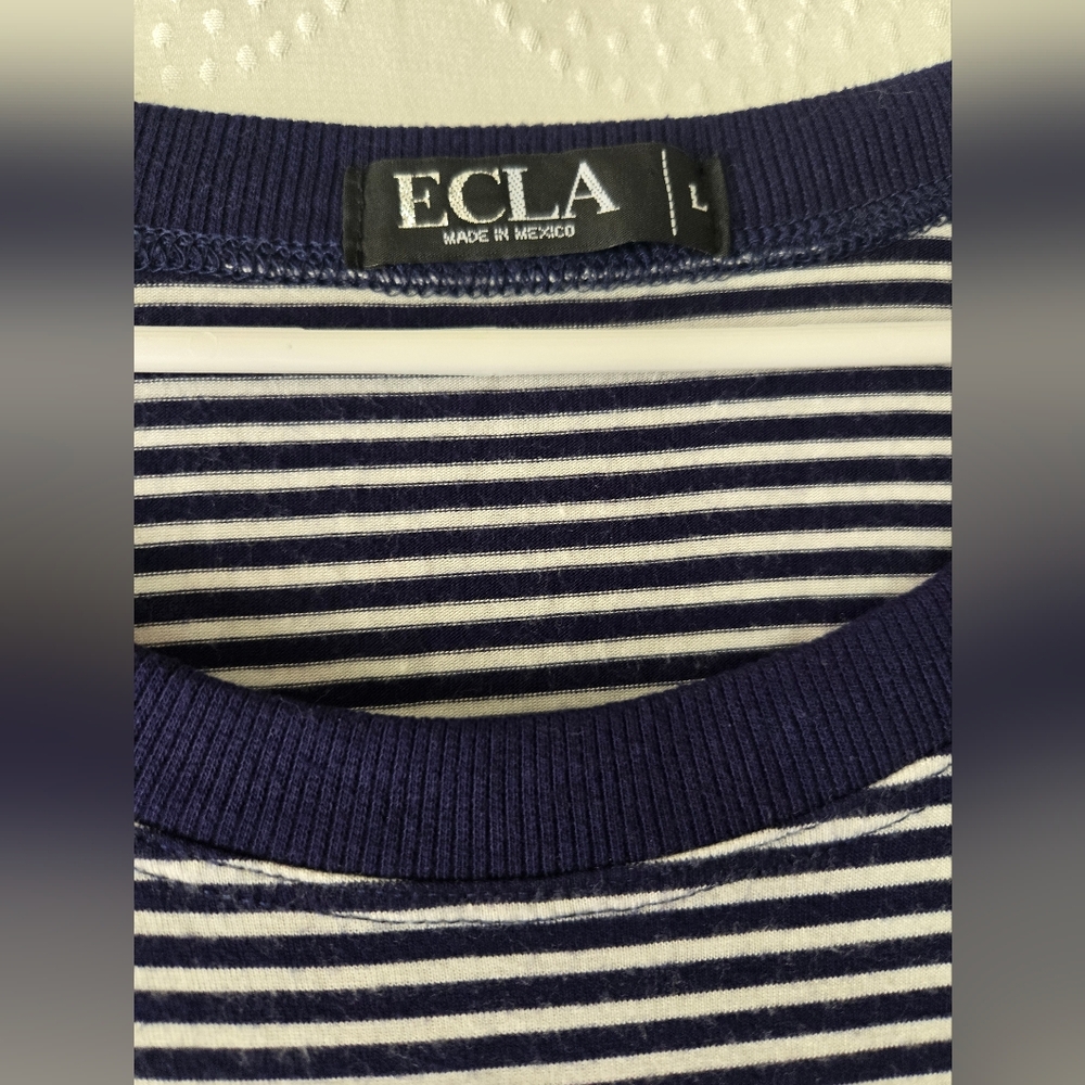 Navy & White Striped Tee with Red Floral Shoulder Accent - Picture 3 of 7